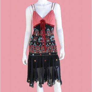 Sue Wong Silk Embroidered Beaded Dress Black Pink Boho Festival Cocktail Size 6